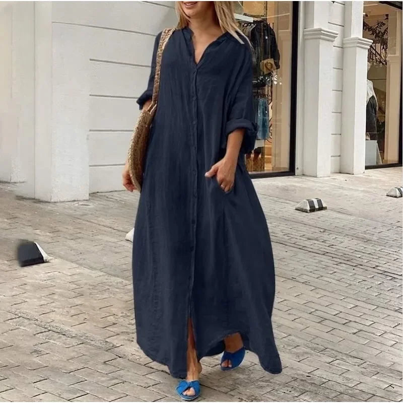 Ingvn  Summer Women's Solid Color Oversized Loose Pocket Flip Collar Casual Long Dress Button Loose Oversized Dress