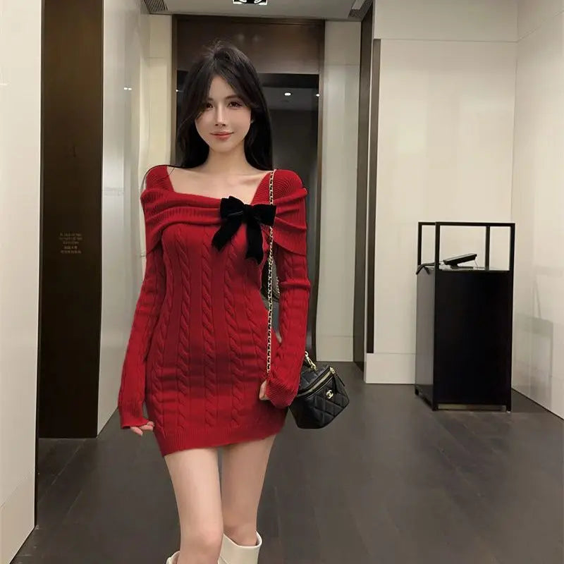 Ingvn - Women's Autumn Winter Solid Knit Dress Bodycon Sweater Coquette Versatile Mini Chic Trendy Warm Elegant Vintage