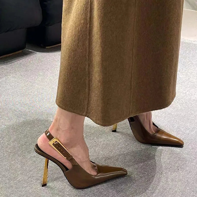 Ingvn  Star style Fashion Patent Leather Women Pumps Summer Square toe Metal Buckle Slingbacks Elegant Thin High heels Dress Shoes