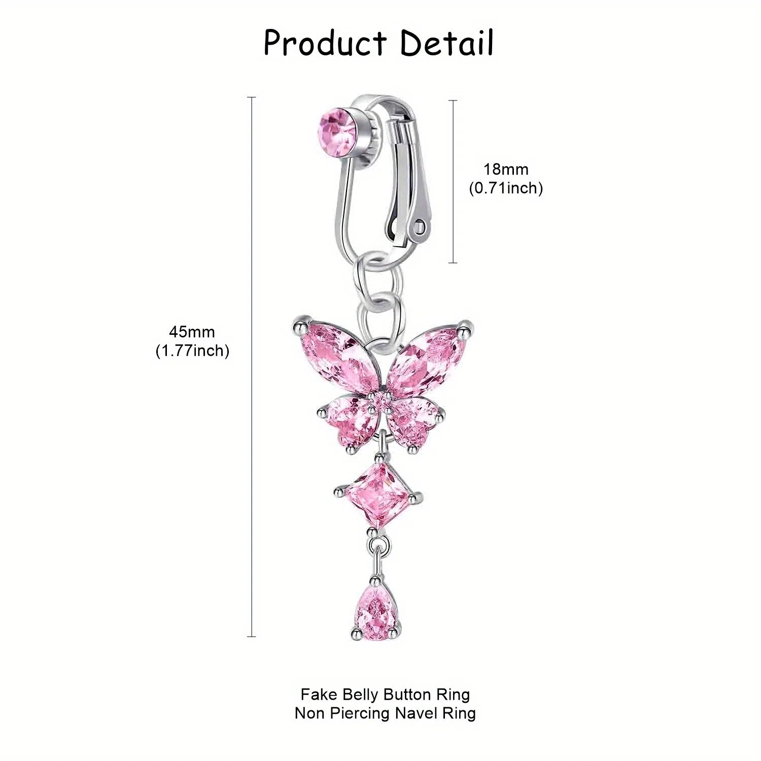 Ingvn  2pcs Cute Fake Belly Ring for Women - Pink CZ Heart & Butterfly Dangle Clip On Navel Rings, 304 Stainless Steel, Non-Pierced