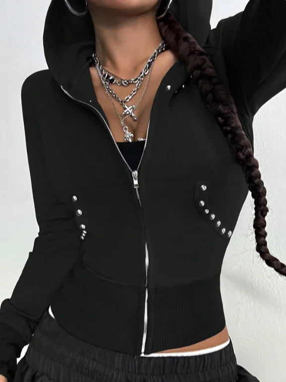 Ingvn - European American Style Spring Autumn New Hooded Womens Sweatshirt Fashion Trendy Slim Fit Versatile Beaded Cardigan Coat