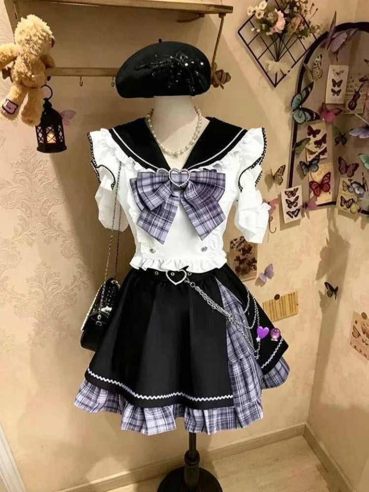 Ingvn  Lolita Sweet Girl Preppy Style Jk Uniform Set Cute Kawaii Bow Short Sleeved Tops Slim Fit Plaid Splicing Skirt Two Piece Set