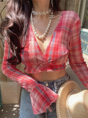Ingvn  Slim Fit V-Neck  Shirt Sexy Belted Waist Bell Sleeve Holiday Checkered Top Women's Fashion Polyester Fiber Long Sleeve
