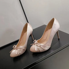 Ingvn  Ballet Style Luxury Satin Bowknot Pleated Design Women Pumps Fashion Spring Summer Stiletto High heels Ladies Party Dress Shoes