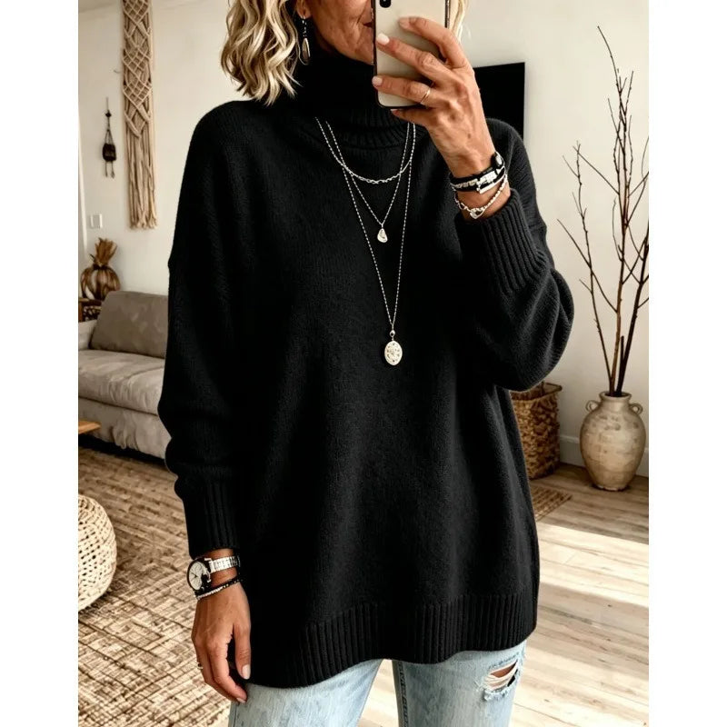 Ingvn - Women Turtleneck Knit Sweater Loose Long Sleeve Pullover Thick Autumn Winter Base Layer Top