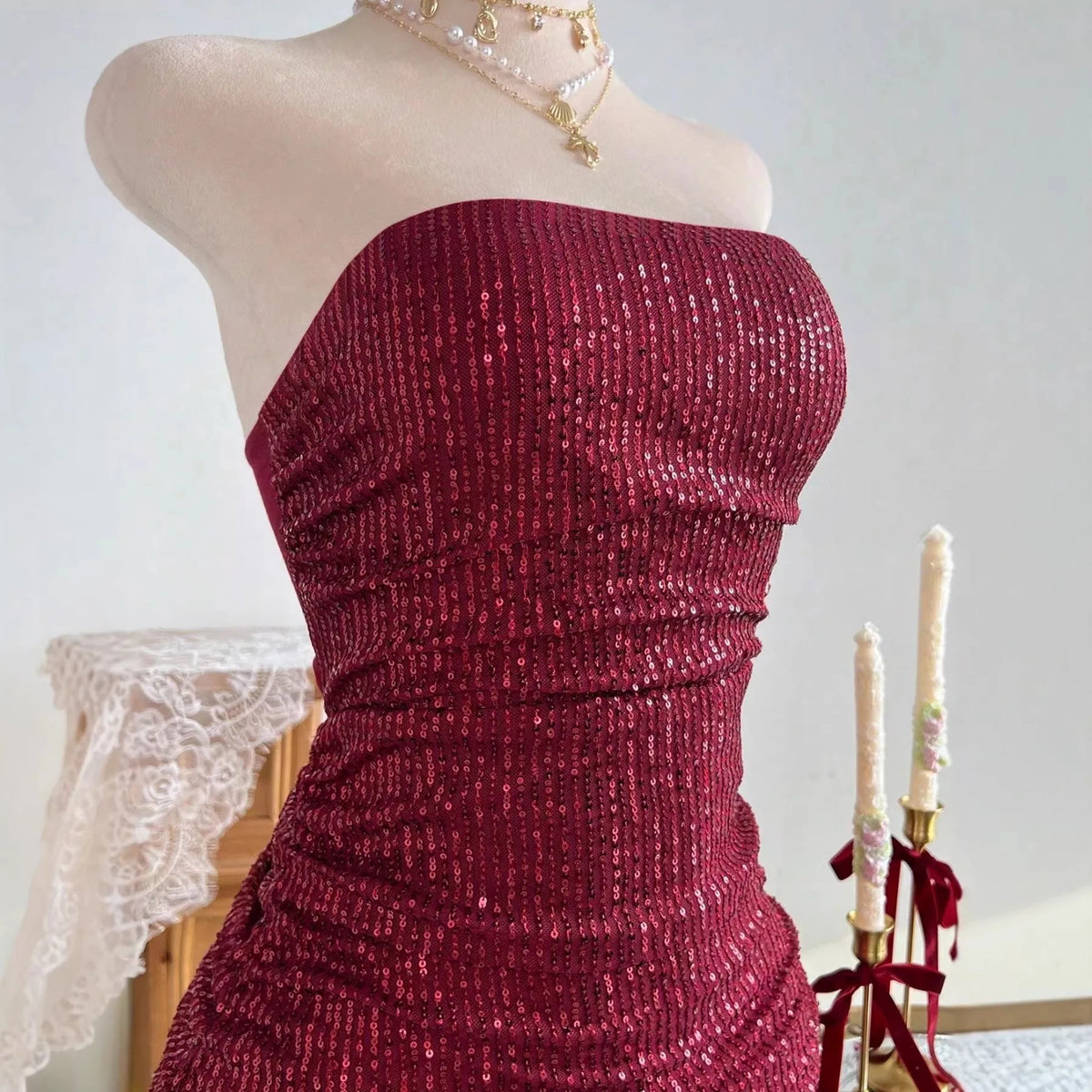 Ingvn  Spring Women's Clothing Sexy Birthday Dress For Woman Bodycon Party Dress With Backless Tie Sequin Ruffle Trim Milk Silk Fabric