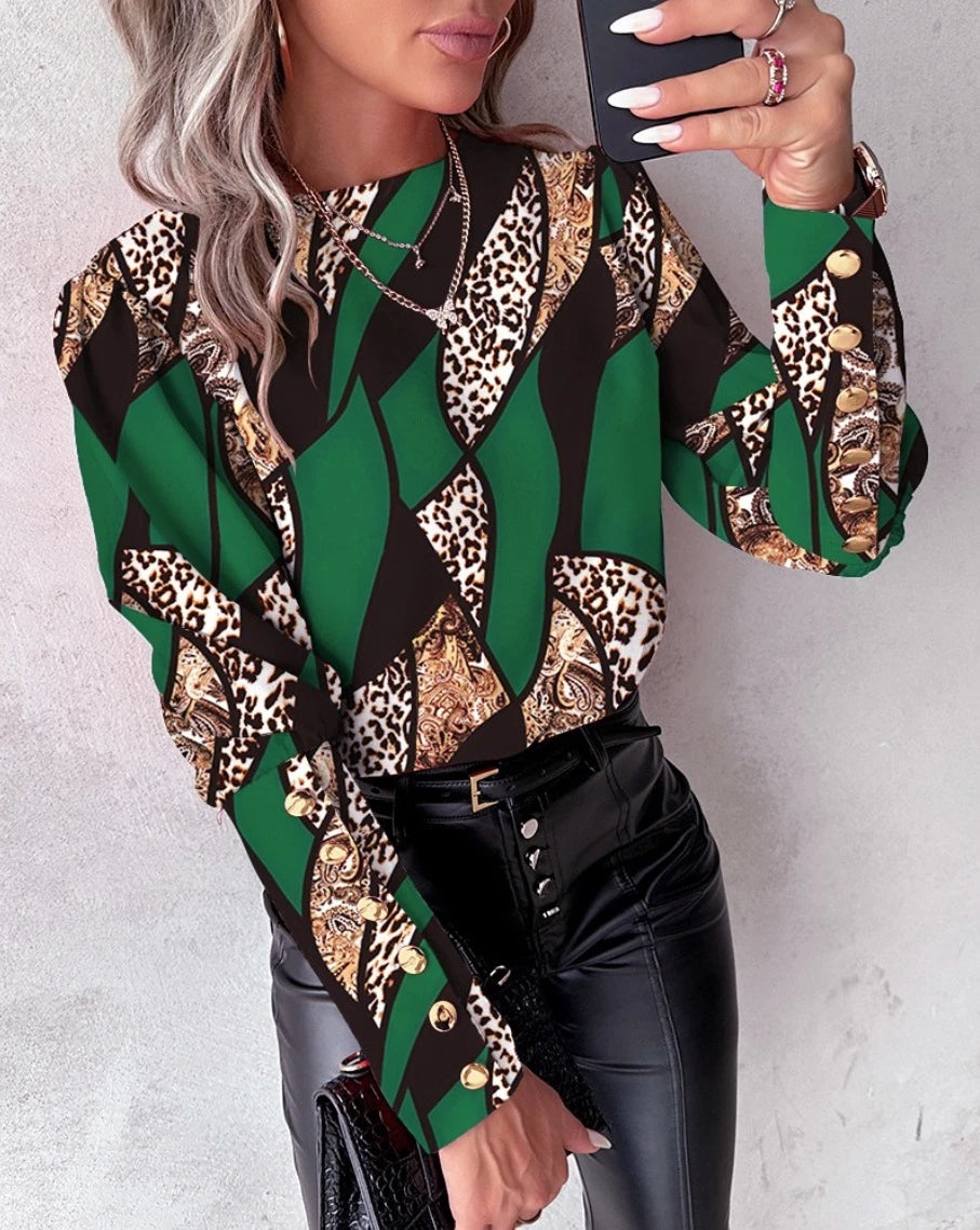 Ingvn  Autumn and winter fashionable printed long sleeved love style round neck button up blouse shirt for women