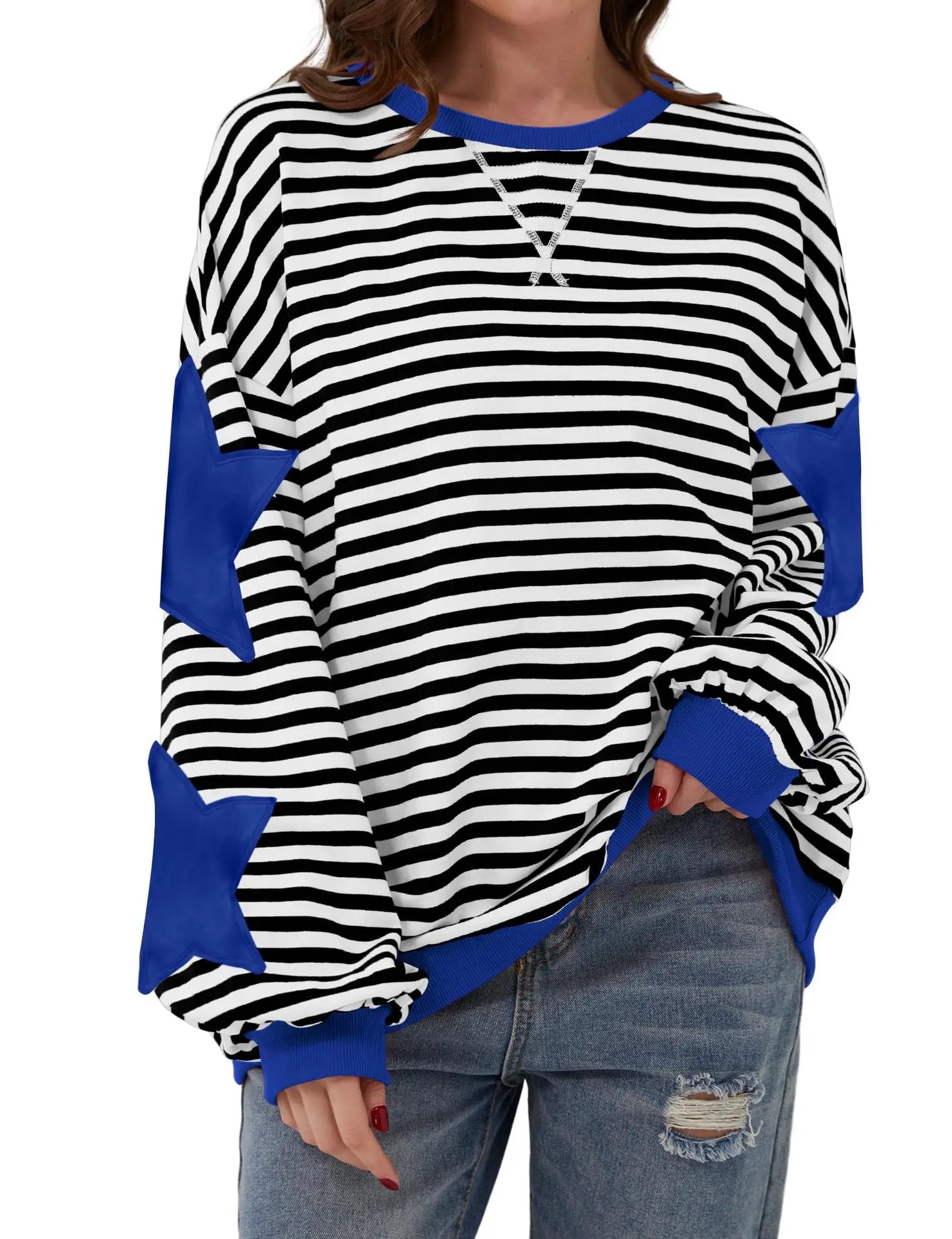 Ingvn - Women Casual Striped Sweatshirt Spring Star Patchwork Round Neck Long Sleeve Loose Pullover Daily Wear
