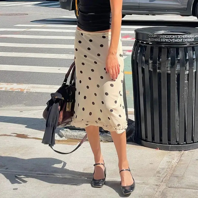 Ingvn  Women Polka Dot Midi Skirt Casual Lettuce Trim Beige Skirt Elegant Streetwear Bottom for Spring All Match Skirts