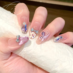 Ingvn  24Pcs Summer Peachy Pink Nail Tips with Star Design Short Round Head Press on Fake Nails Cute Almond Style Wearable False Nails