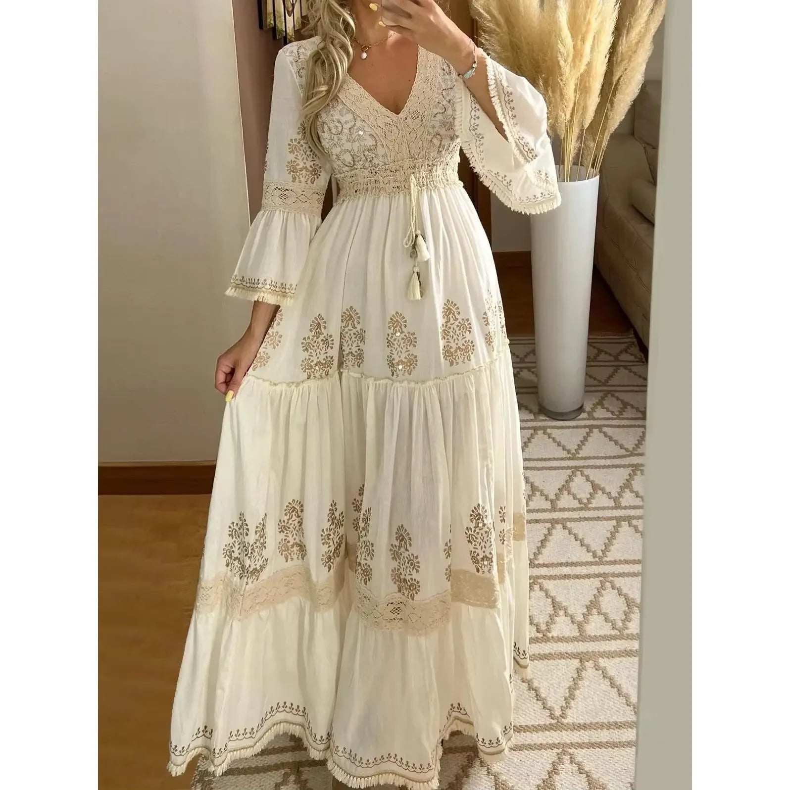 Ingvn  Long Dress for Women Elegant Tassel V-Neck Flare Sleeve Vintage Boho Sweet Casual Pleated A-Line Fashion Summer  Dresses
