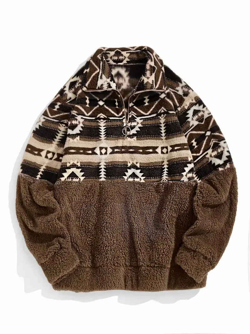 Ingvn - European American Autumn Winter New Arrival Half Zip Fleece Sweatshirt Casual Coat Geometric Pattern Stand Collar Top Women