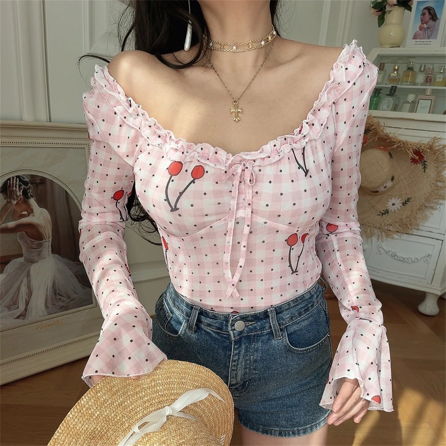 Ingvn  Chenopod Original Spring Summer Elastic Lace Bell Sleeve Shirt French Style Slim Fit Polyester Fiber Long Sleeve Breathable S...