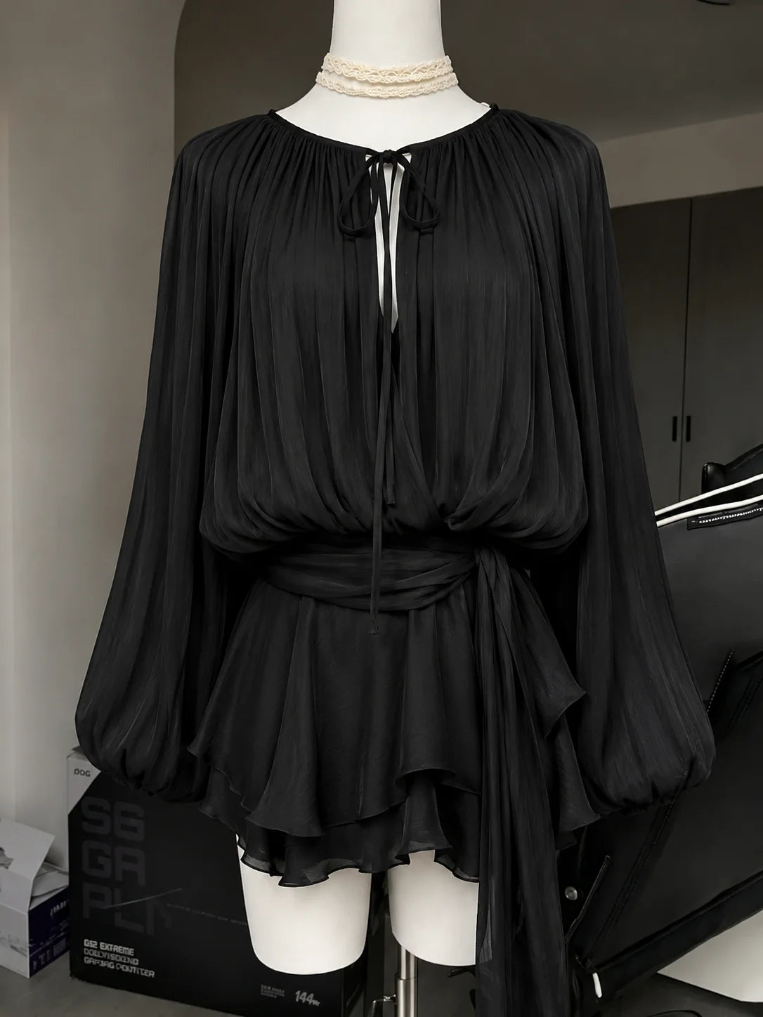 Ingvn  French Elegant Vintage Black Chiffon Dress Long Sleeve V Neck Autumn Women Sweet Dress Casual Holiday Evening Party Wear