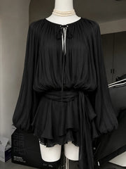 Ingvn  French Elegant Vintage Black Chiffon Dress Long Sleeve V Neck Autumn Women Sweet Dress Casual Holiday Evening Party Wear