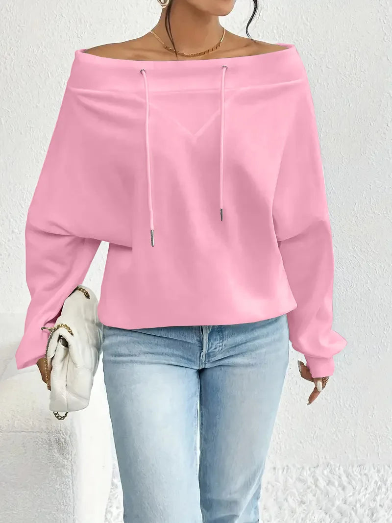 Ingvn - Women's Royal Blue Off-the-shoulder Boat Neck Sweatshirt Long Sleeve Drawstring Design Casual Fashion Loose Pullover
