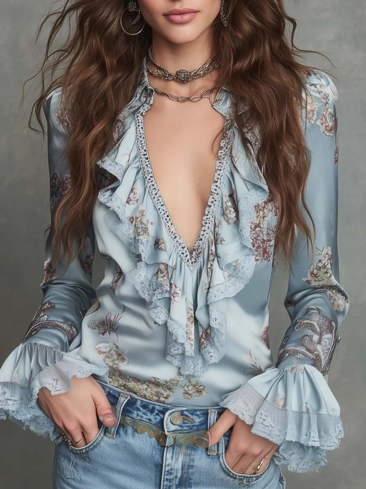 Ingvn  Women Satin Floral Print Blouse Lapel V‑Neck Lace Ruffle Trim Long Flare Cuff Sleeve Shirt Elegant Vintage Boho Shirt Blouse