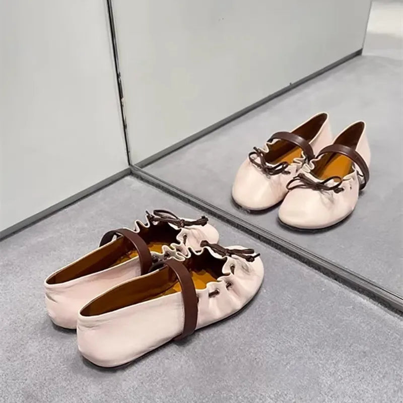 Ingvn  Ins style Fashion Pleated Bowknot Ruffle Women Ballet Flats Spring Summer Soft Leather Mary Janes Walking Loafers Casual Shoes