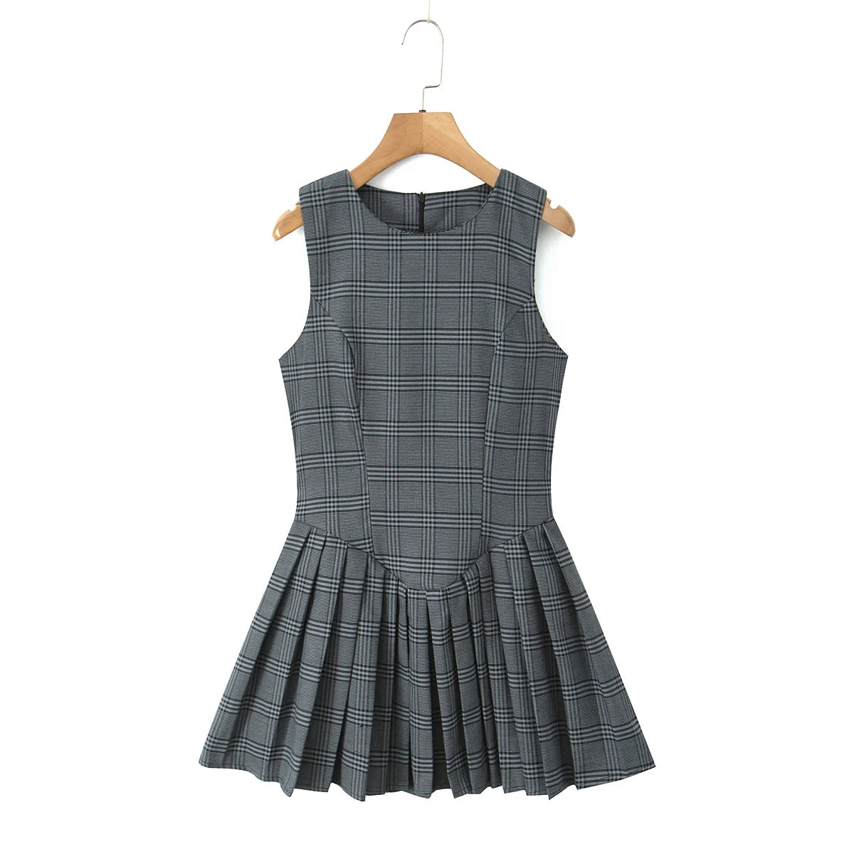 Ingvn  Sexy O neck Gray Plaid Print Sleeveless Mini Dress Low Waist Spliced Folded Pleated Swing Women Tank Dresses Short Robe