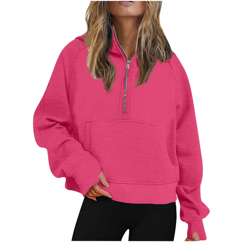 Ingvn - Autumn Winter New Arrival Womens Sports Half Zip Loose Solid Color Versatile Cropped Hooded Fleece Casual Pullover Sweatshirt