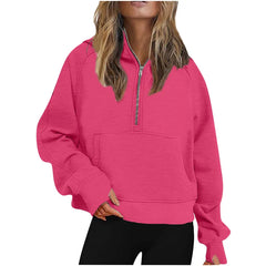 Ingvn - Autumn Winter New Arrival Womens Sports Half Zip Loose Solid Color Versatile Cropped Hooded Fleece Casual Pullover Sweatshirt