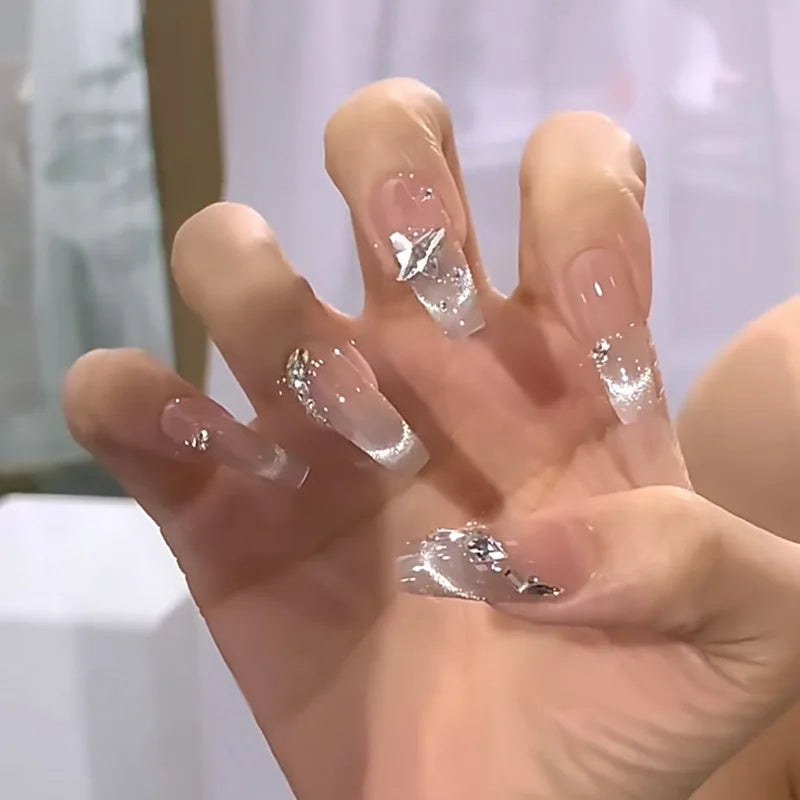 Ingvn  24Pcs Pink Ballet Fake Nails Full Cover Nail Tips Long Ballet False Nails with Rhinestone Chain Design Wearable Press on Nails