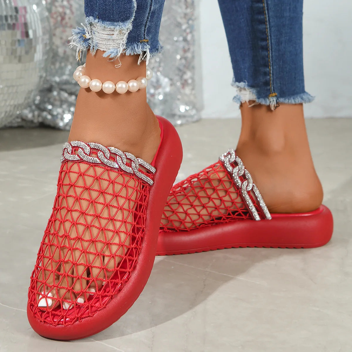 Ingvn  women's new hollowed out wedge heel with metal buckle strap high-heeled thick soled with versatile stylish slippers