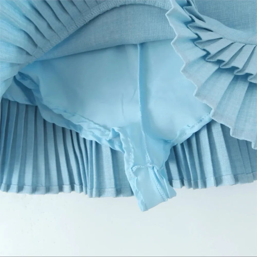 Ingvn  3 colors American Retro Light Blue Package Hips Spliced Pleated Mini Skirt Sexy Low Waist Short Skater Skirts With Shorts Lining