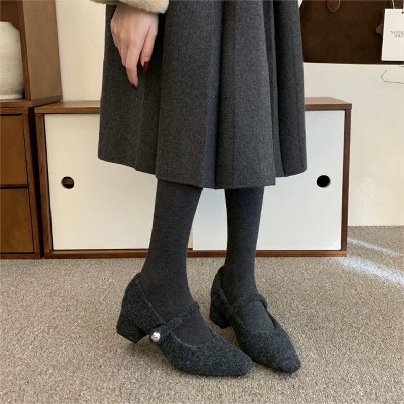 Ingvn  Autumn Winter New Korean Version French Light Luxury Retro Niche Design High-heeled Square Plush Single Shoes Women's Shoes