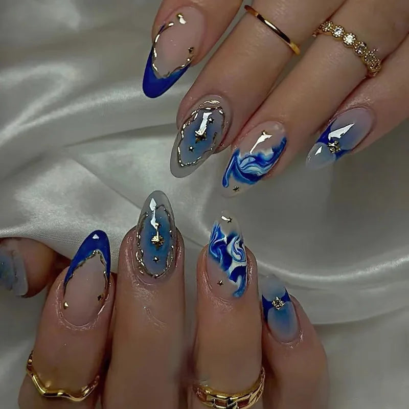 Ingvn  24Pcs Blue French Fake Nails Short Almond Nails Set Press on Wearable Wave Line Golden Star Design False Nails Manicure Tips