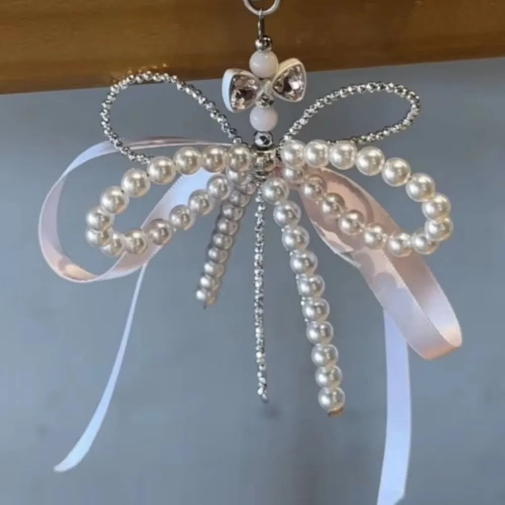 Ingvn  Fashion Pearl Bow Key Chain Silk Ribbon Pink Key Ring Aesthetic Holder