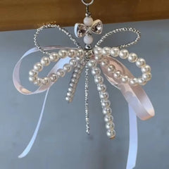 Ingvn  Fashion Pearl Bow Key Chain Silk Ribbon Pink Key Ring Aesthetic Holder