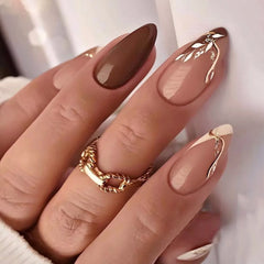 Ingvn  24Pcs Almond Fake Nail with Leaves Design Simple Brown False Nails Wearable French Oval Press on Nails Reusable Stiletto Nails