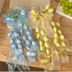 Ingvn  New Bell Orchid Ribbon Hair Clip Large Bow Soft Mesh Hair Barrettes Long Ribbon Tassel Design Bow Hair Clip For Girls