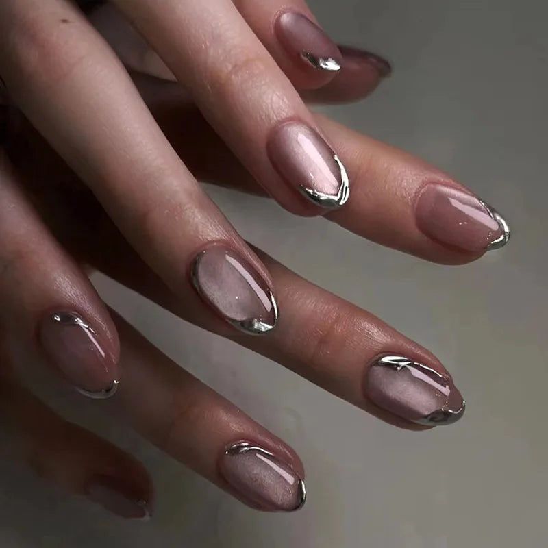 Ingvn  24Pcs Detachable Oval Fake Nail with Almond Head Mid-length Butterfly Pattern Press on False Nails Cat's Eye Design Manicure Tip