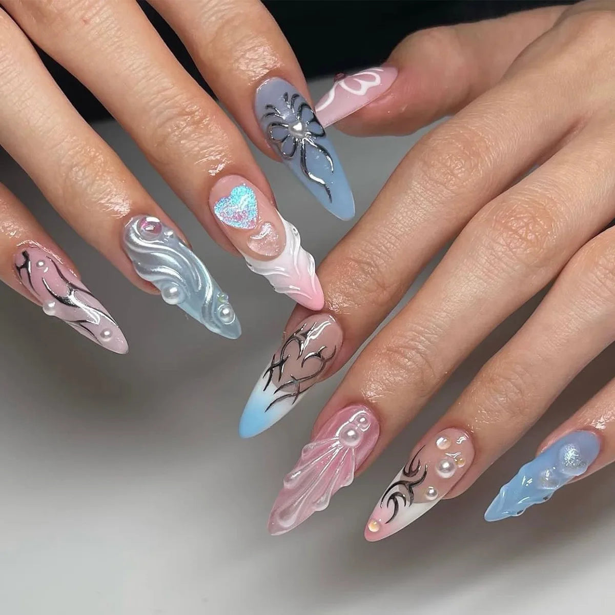 3D Pearl Shell Fantasy Polarized French Almond Shape False Nails Summer Detachable Finished Fake Nails Press on Nails with Glue