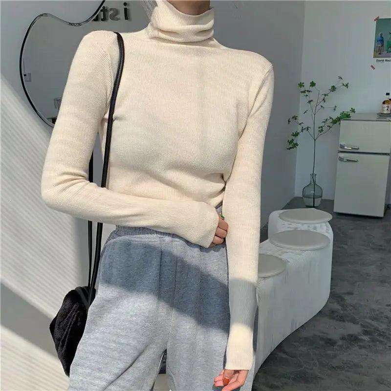 Ingvn - Women's Autumn Winter High Neck Knit Sweater Top Slim Fit Thick Warm Elegant Chic Coquette Trendy Layering Loose