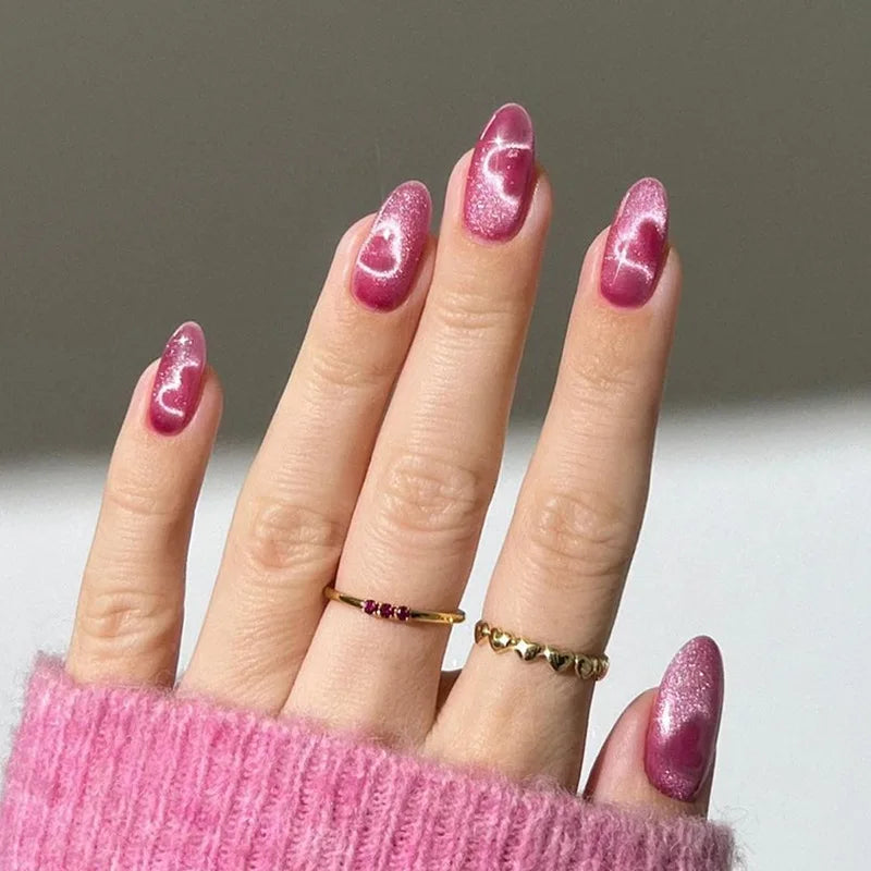 Ingvn  24Pcs Wearable Almond Fake Nail with Halo Stained Purple Design Short Oval False Nails Round Head Press on Nails Full Nail Tips