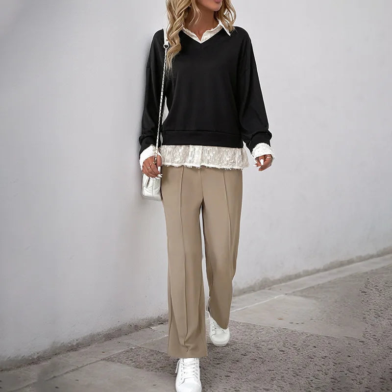Ingvn - New European and American Hot Women's Striped Fashionable Casual and Versatile Long-sleeved Sweatshirt Pullover Sweatshirt