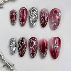 Ingvn  24Pcs Gothic Dark Red Press on False Nails Y2k Reusable Almond Nails Set with Silver Ripples Pattern Cool Fake Finger Nail Tip