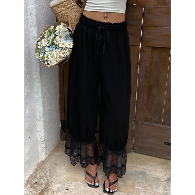 Ingvn  Women Mesh See-through Floral Lace Patchwork Ruffle Hem Bloomer Pants Loose Drawstring Elastic Waist Cropped Trousers