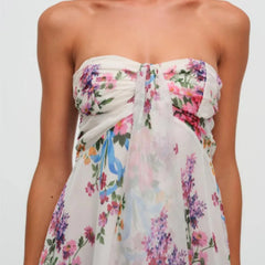 Ingvn  Floral Print Strapless Mini Chiffon Dress Women Ruffles Hem Party Irregular Frilled Elastic Bandage Backless Holiday Dress