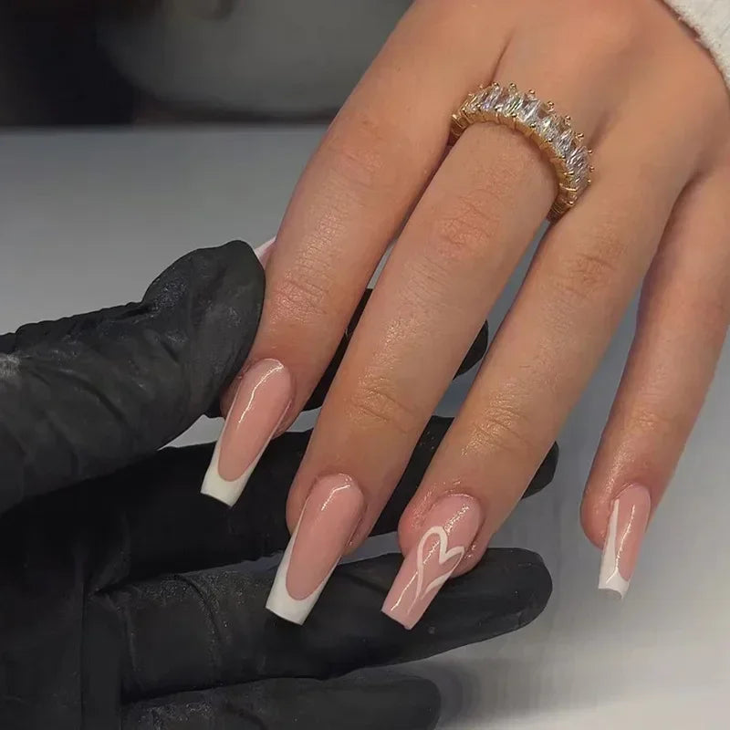 Ingvn  24Pcs Simple Blue French Fake Nails with Diamond Love Pattern Design False Nails Press on Mid-length Ballet Full Cover Nail Tips