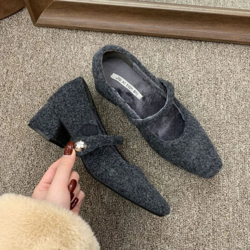 Ingvn  Autumn Winter New Korean Version French Light Luxury Retro Niche Design High-heeled Square Plush Single Shoes Women's Shoes