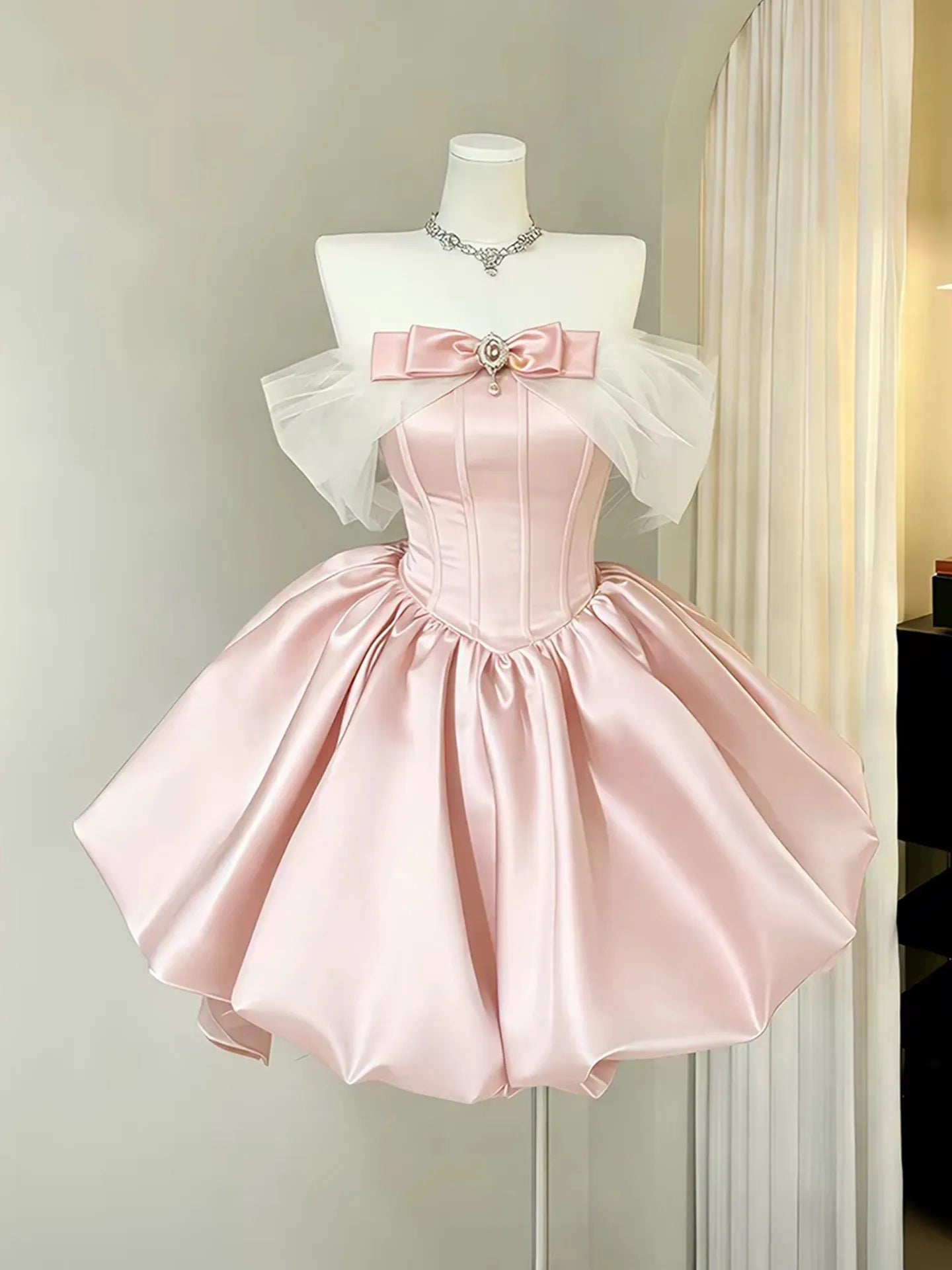 Ingvn  Elegant Sweet Socialite Princess Blue Birthday Party Dress Off-shoulder Bow Mesh High-waist Puffy Short Dress Women Summer