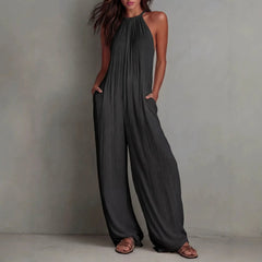 Ingvn  Summer Casual Outfits New Beach Vacation Jumpsuit Women Fashion Halter Sleeveless Textured Overalls Pocket Wide Leg Romper
