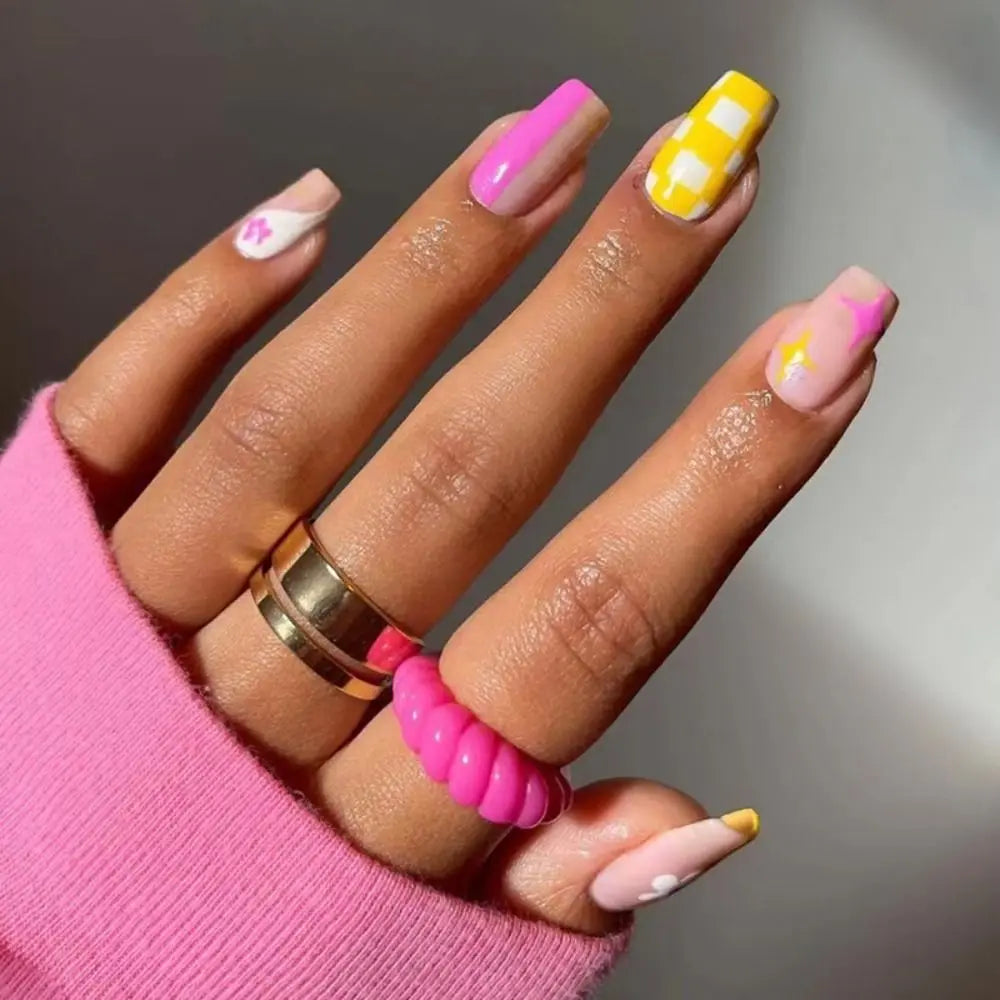 24pcs Square False Nails Love Heart Gradient Rainbow French Manicure  Full Cover Fake Nails Detachable Nail Tips Press on Nails