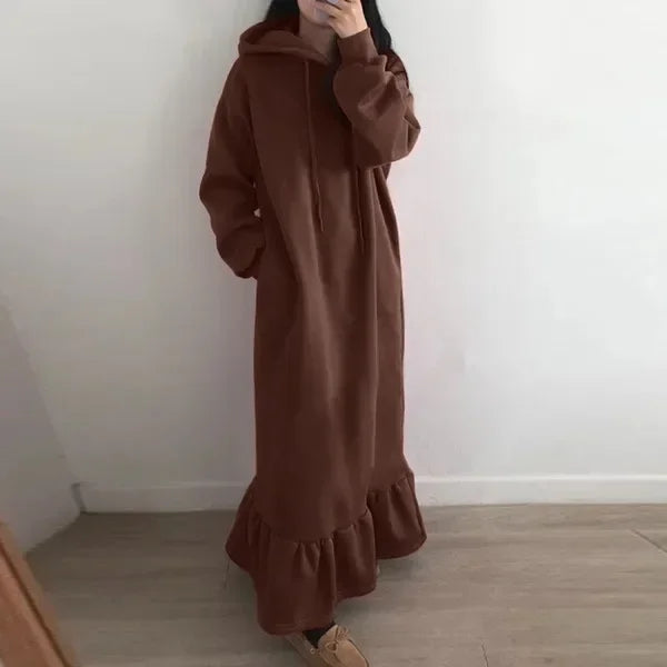 Ingvn  New Women's Autumn and Winter New Style Fleece Hooded Base Sweater Dress Ladies Casual Straight Pocket Loose Hooded Long Dress