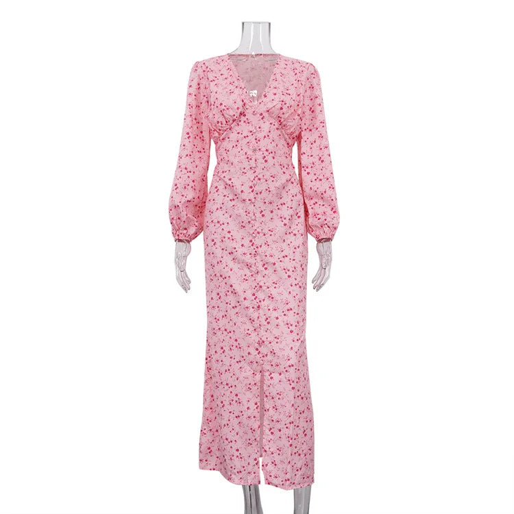 Ingvn  Elegant Printed A Line Dresses for Women V Neck Puff Sleeve High Waist Patchwork Single Breasted Slit Dress Female