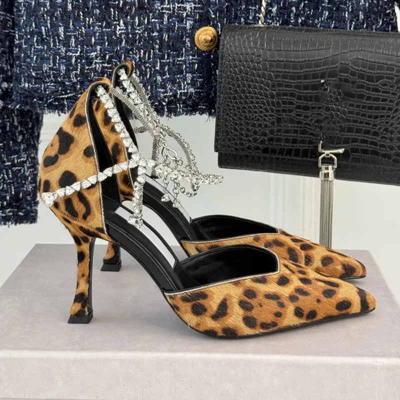 Ingvn  Star style Fashion Patent Leather Rhinestones Chains Women Pumps Elegant Pointed toe Ankle Strap Thin High heels Summer Shoes